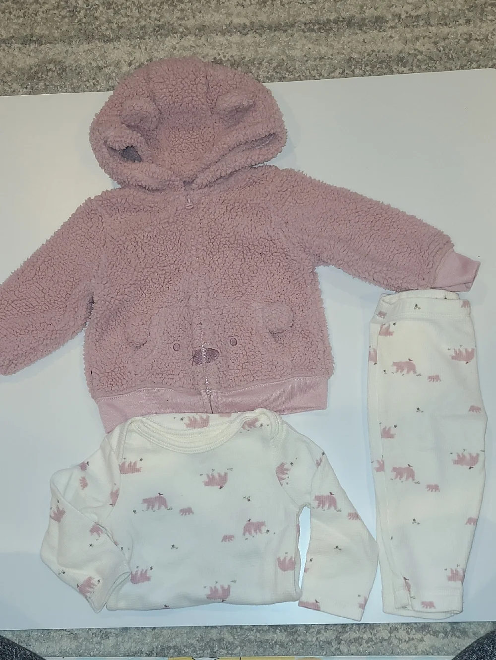 Carter's Pink Bear Sherpa Jacket and White Bear Print Outfit Set. Size 6 Months
